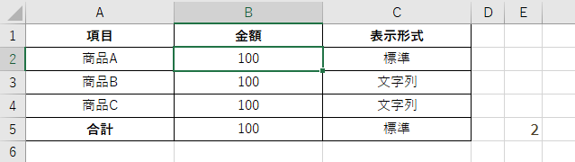 エクセルの表の右横に2と表示されている。3行のうち2行が文字列