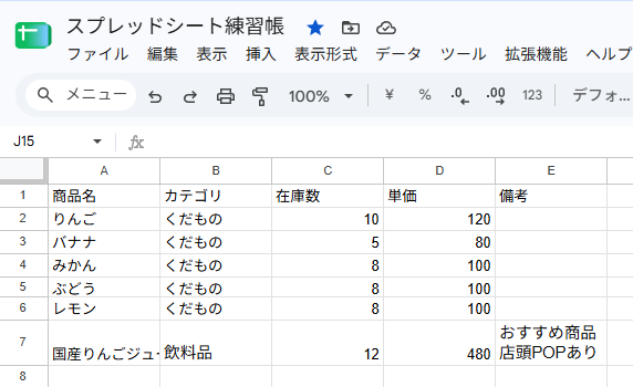 パソコンでAltとEnterを使い、E7の備考が2行になった画面